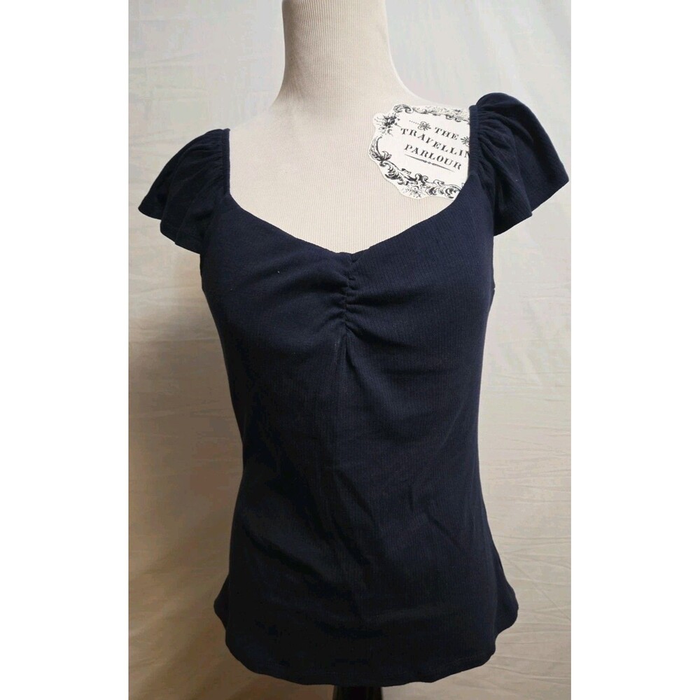 Ogl Top Navy Blue Sweetheart Flutter Sleeve Size XL Ribbed Built In Bra Shirt